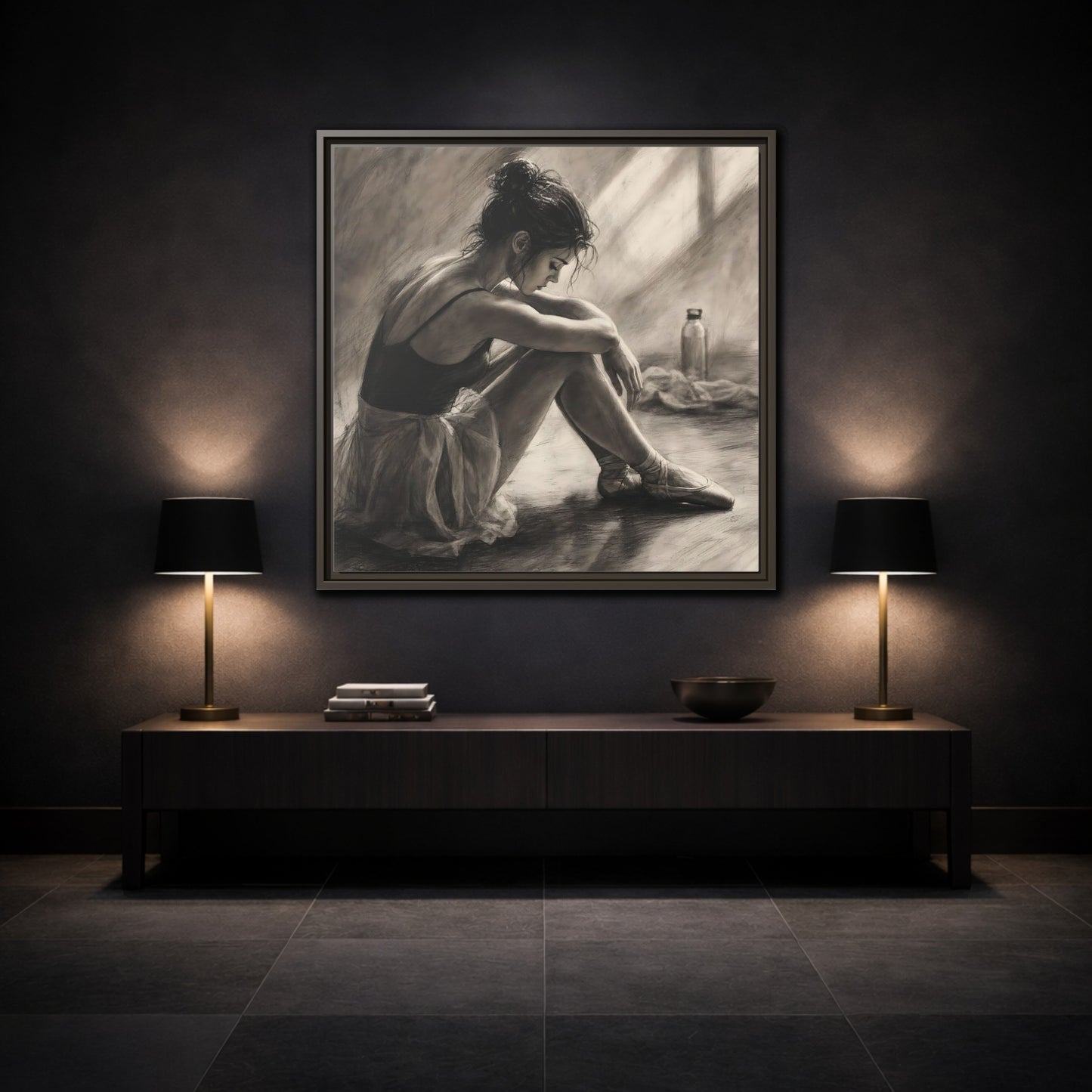 Mockup 3. Sports Ballerina Charcoal Ballerina shown as framed canvas print