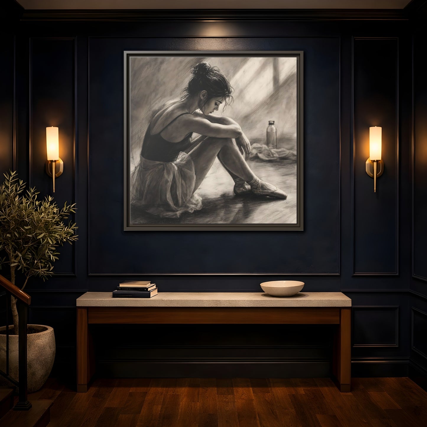 Mockup 4. Sports Ballerina Charcoal Ballerina shown as framed canvas print