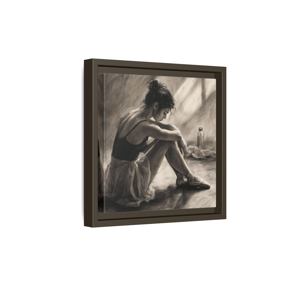 Side Mockup 20. Sports Ballerina Charcoal Ballerina shown as framed canvas print