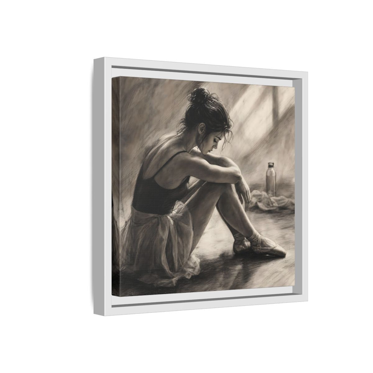 Side Mockup 16. Sports Ballerina Charcoal Ballerina shown as framed canvas print