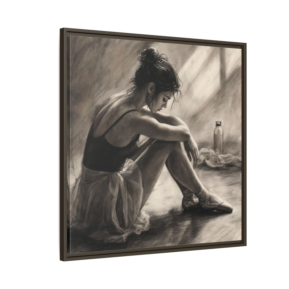 Side Mockup 8. Sports Ballerina Charcoal Ballerina shown as framed canvas print