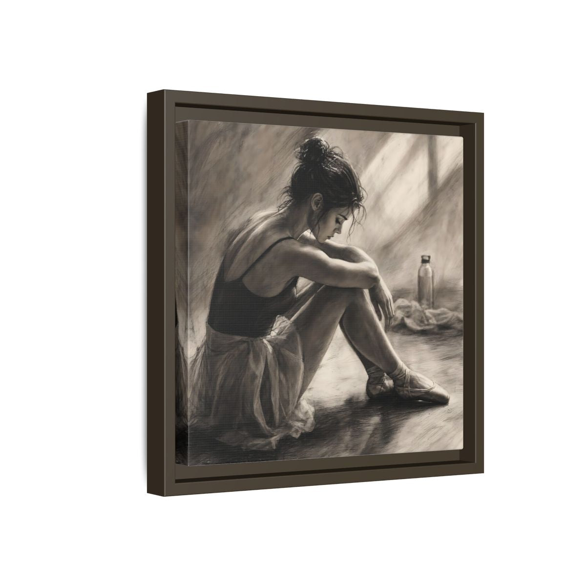 Side Mockup 17. Sports Ballerina Charcoal Ballerina shown as framed canvas print