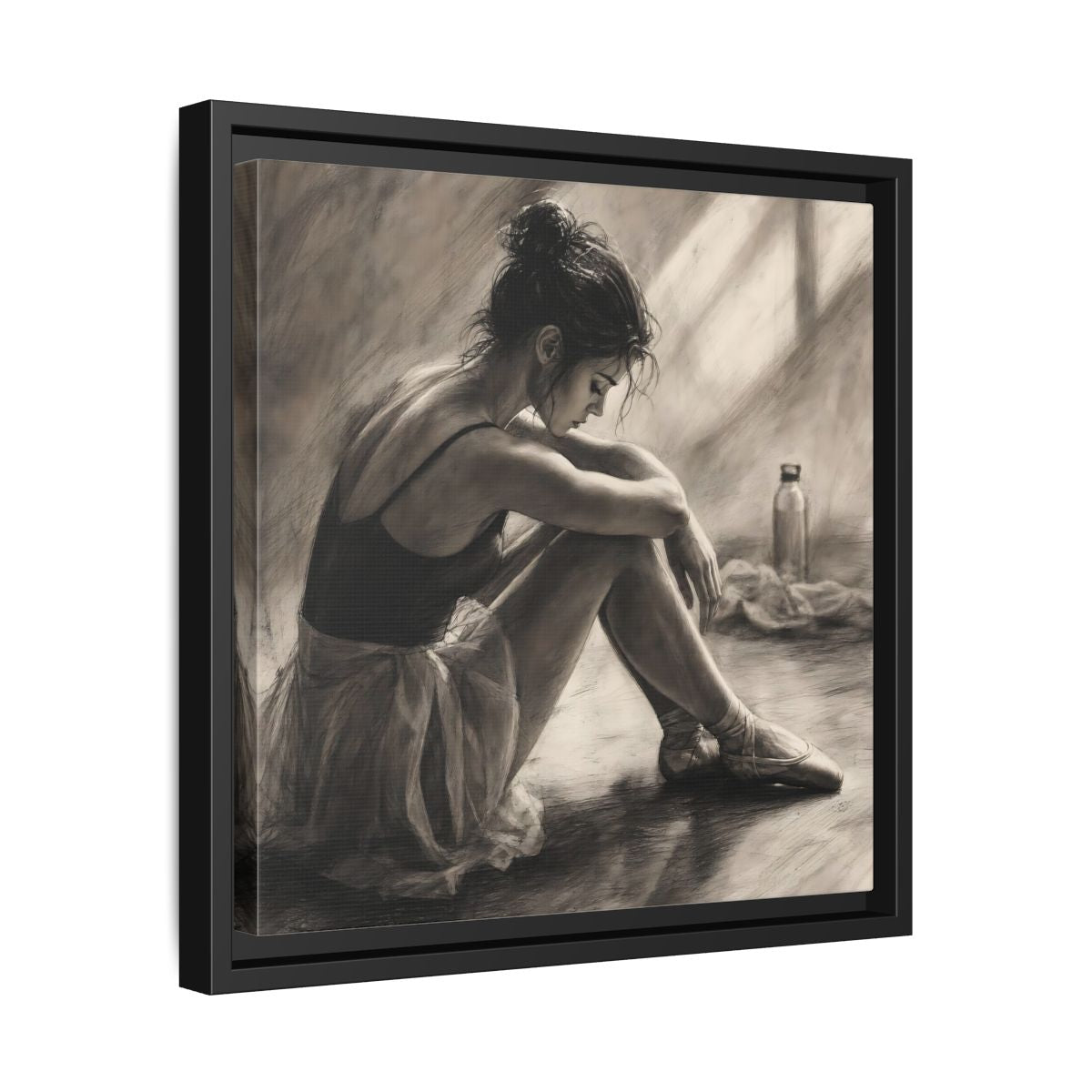 Side Mockup 32. Sports Ballerina Charcoal Ballerina shown as framed canvas print