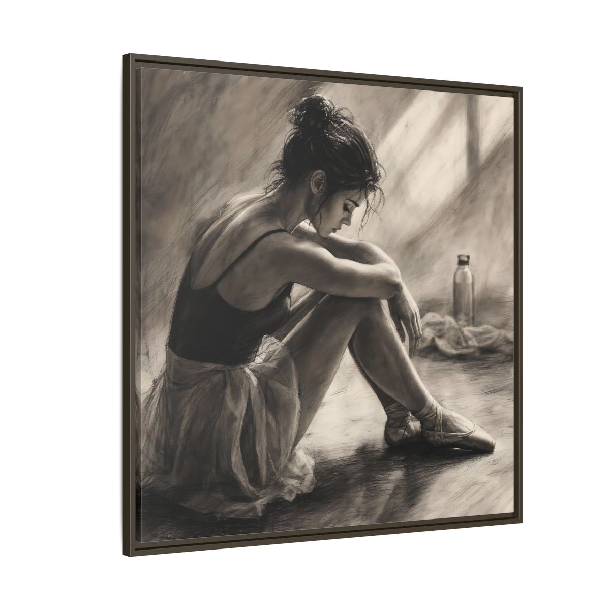 Side Mockup 5. Sports Ballerina Charcoal Ballerina shown as framed canvas print