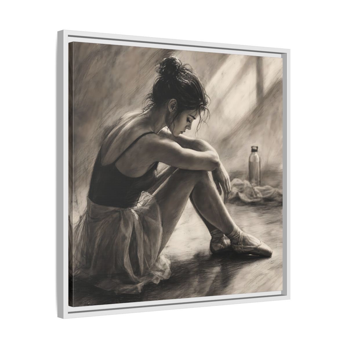 Side Mockup 26. Sports Ballerina Charcoal Ballerina shown as framed canvas print