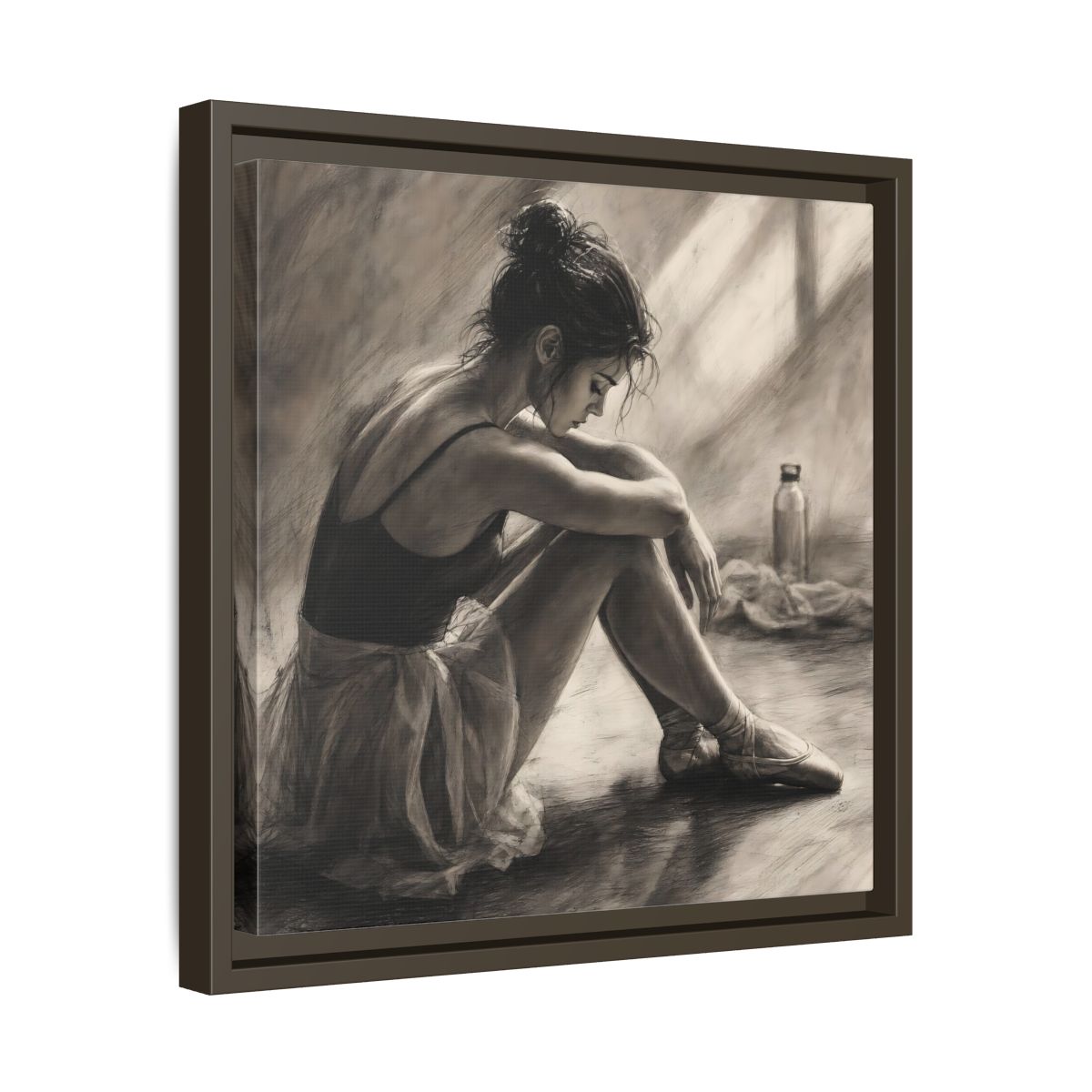 Side Mockup 29. Sports Ballerina Charcoal Ballerina shown as framed canvas print