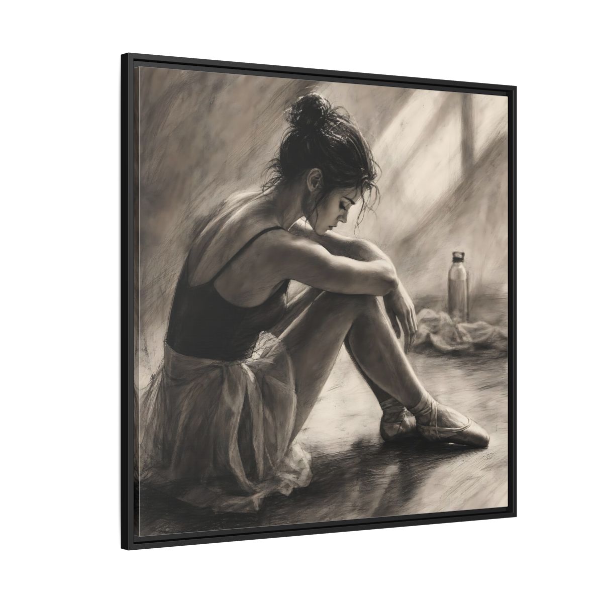 Side Mockup 6. Sports Ballerina Charcoal Ballerina shown as framed canvas print