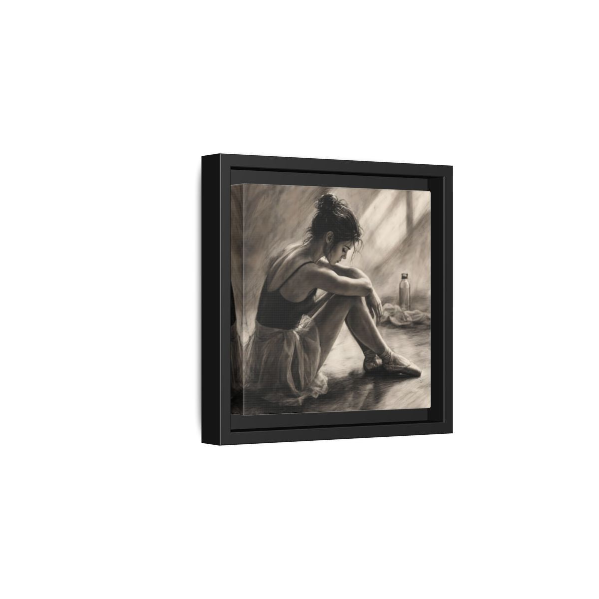 Side Mockup 3. Sports Ballerina Charcoal Ballerina shown as framed canvas print