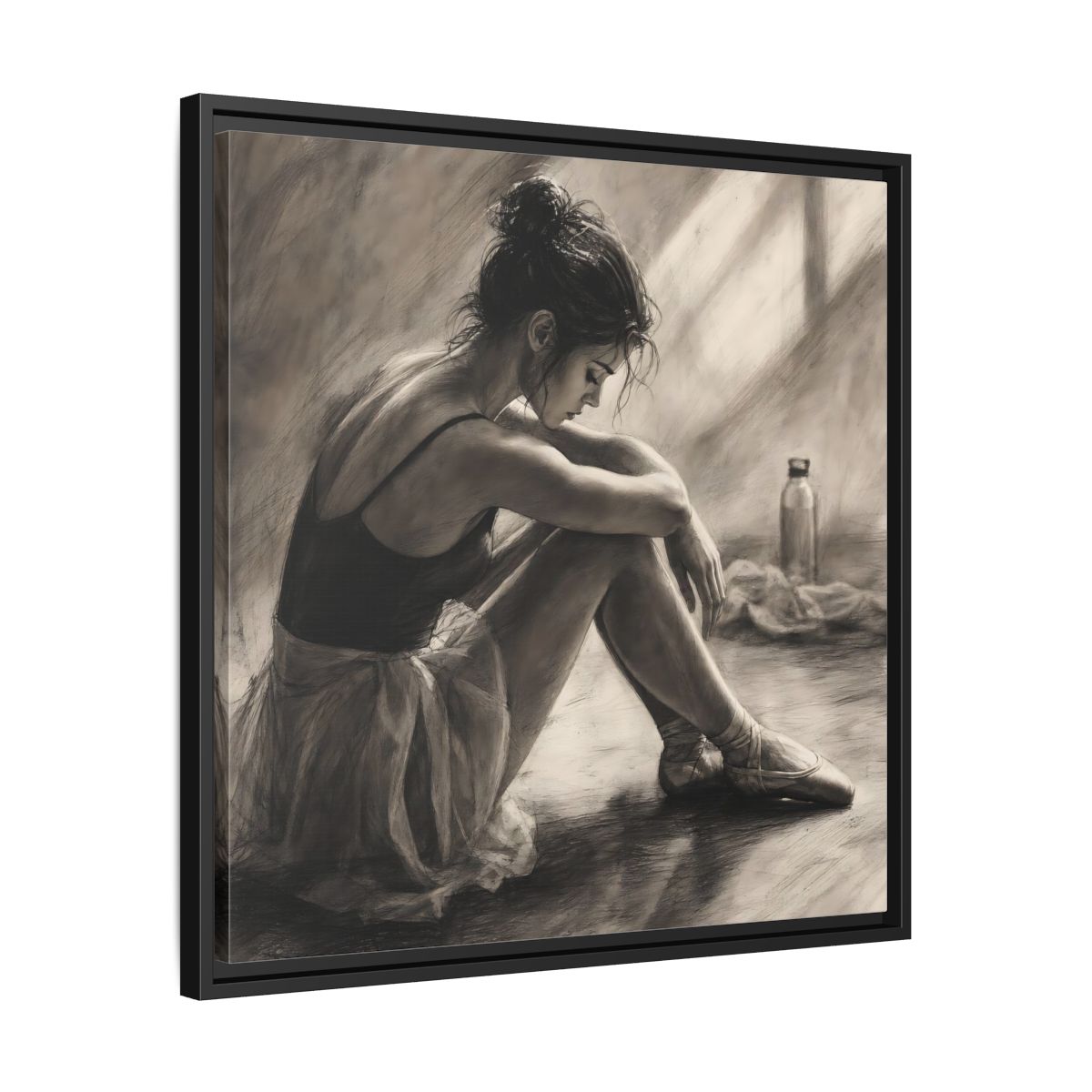 Side Mockup 31. Sports Ballerina Charcoal Ballerina shown as framed canvas print