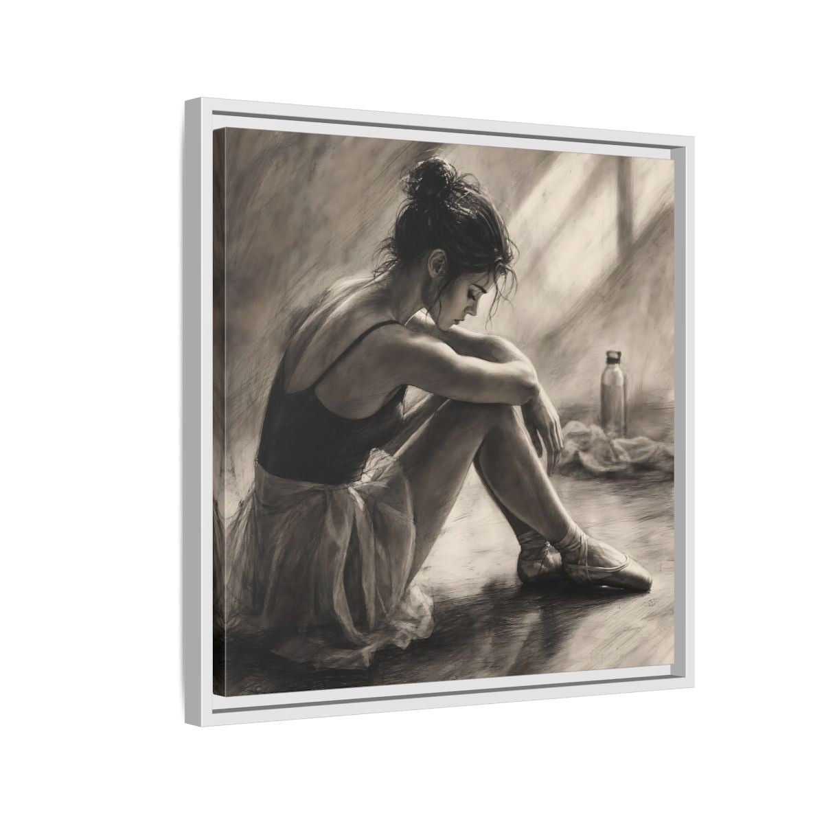 Side Mockup 10. Sports Ballerina Charcoal Ballerina shown as framed canvas print