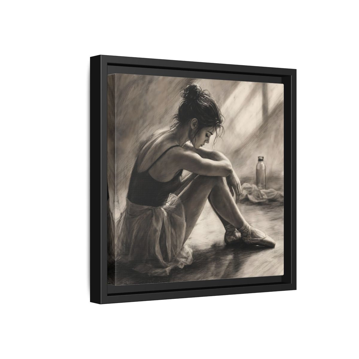 Side Mockup 18. Sports Ballerina Charcoal Ballerina shown as framed canvas print