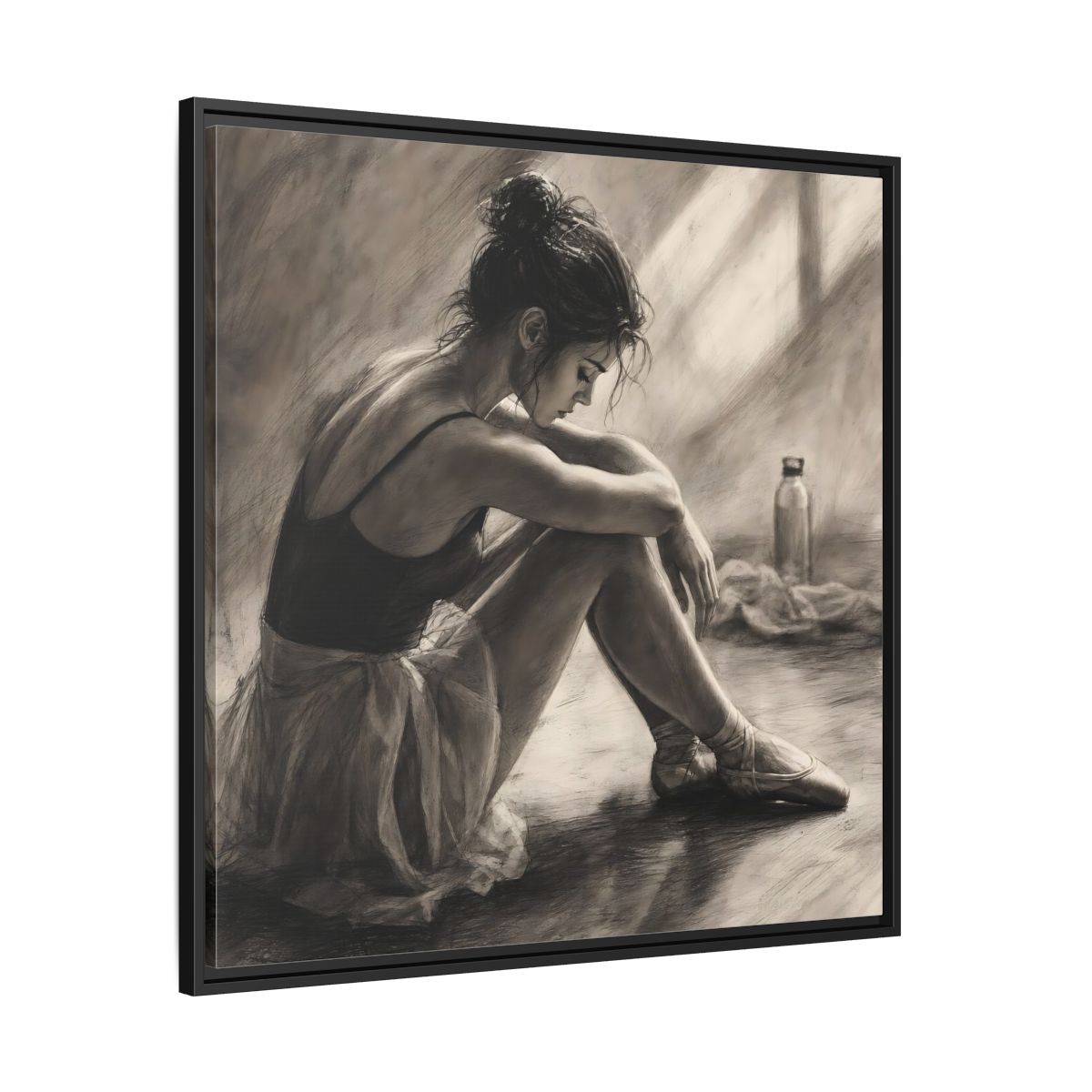 Side Mockup 30. Sports Ballerina Charcoal Ballerina shown as framed canvas print