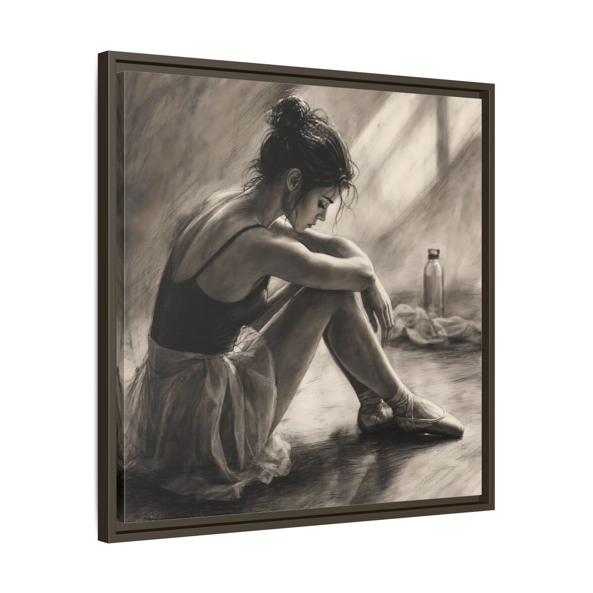 Side Mockup 27. Sports Ballerina Charcoal Ballerina shown as framed canvas print