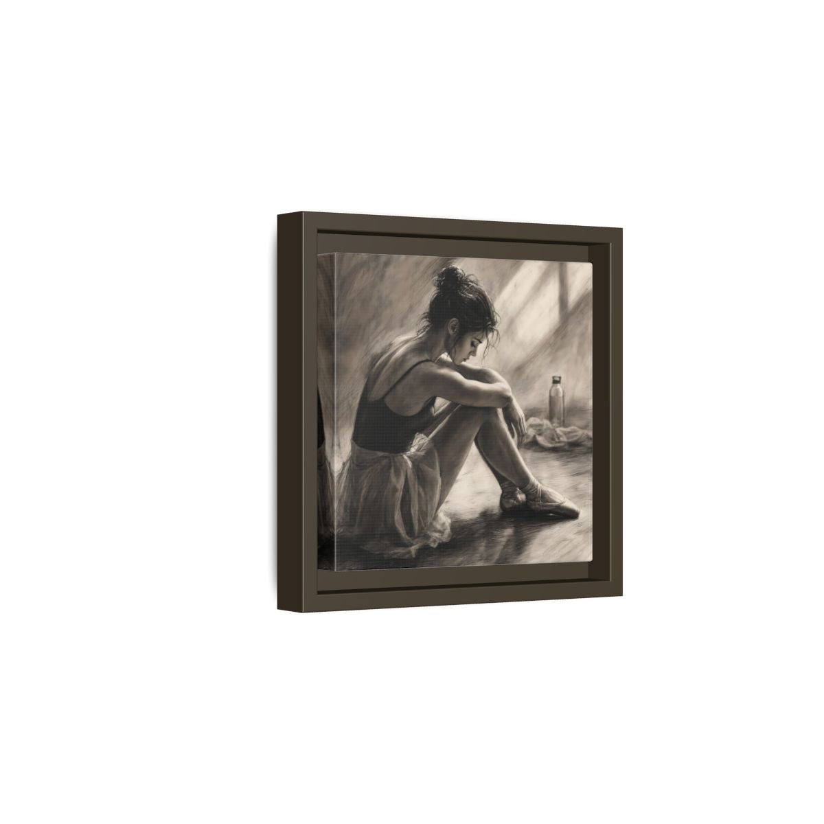 Side Mockup 2. Sports Ballerina Charcoal Ballerina shown as framed canvas print