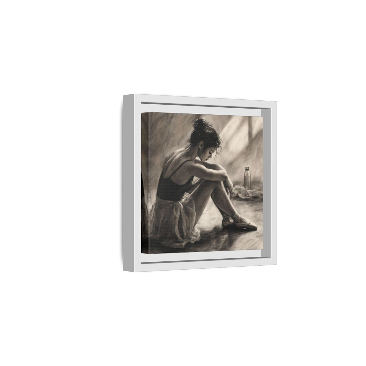 Side Mockup 1. Sports Ballerina Charcoal Ballerina shown as framed canvas print
