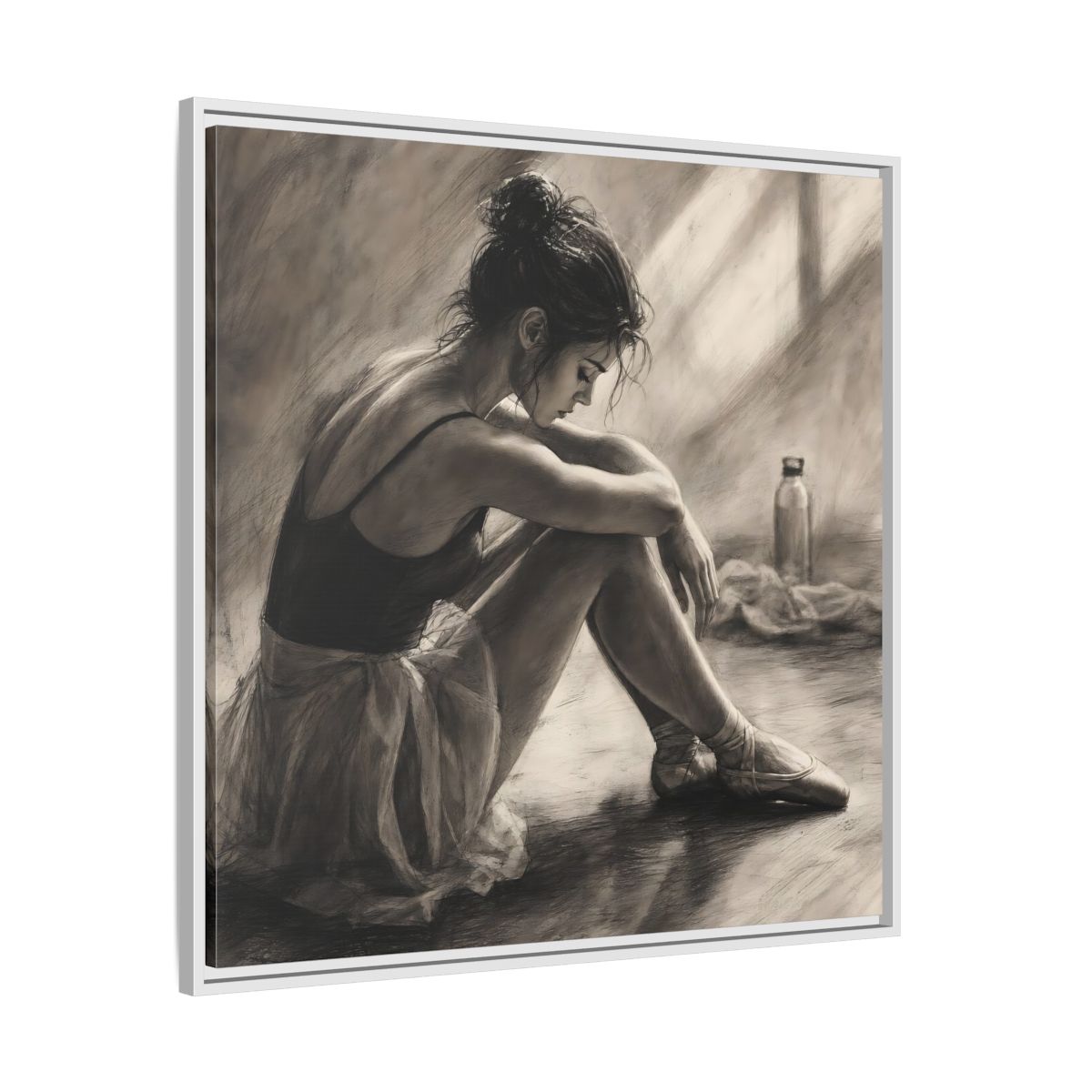 Side Mockup 25. Sports Ballerina Charcoal Ballerina shown as framed canvas print