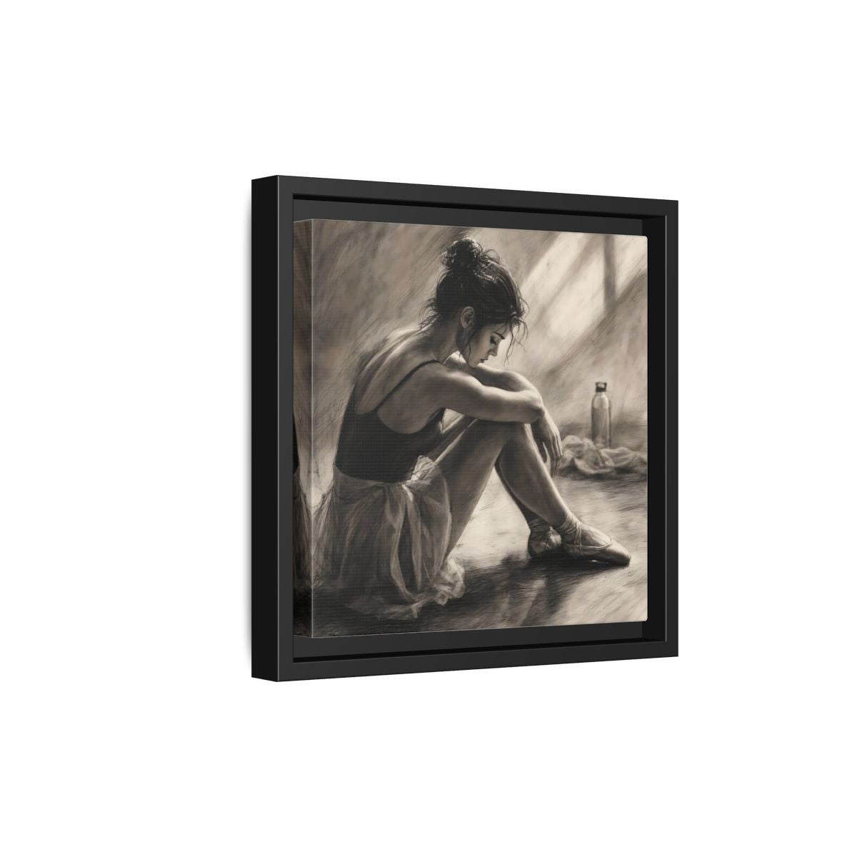 Side Mockup 21. Sports Ballerina Charcoal Ballerina shown as framed canvas print