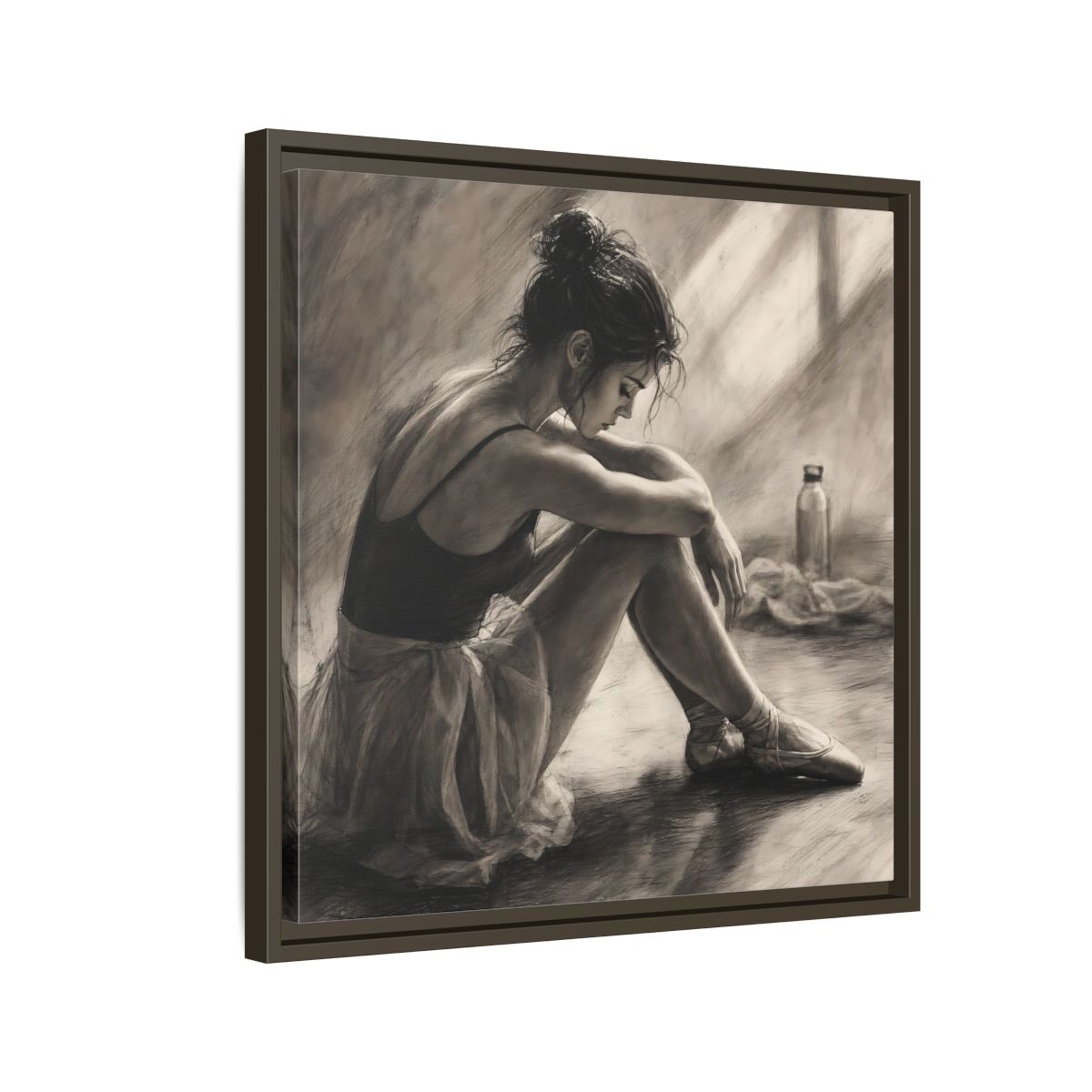 Side Mockup 11. Sports Ballerina Charcoal Ballerina shown as framed canvas print