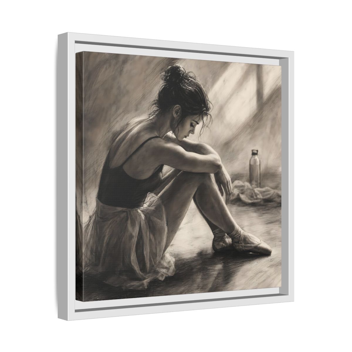 Side Mockup 28. Sports Ballerina Charcoal Ballerina shown as framed canvas print