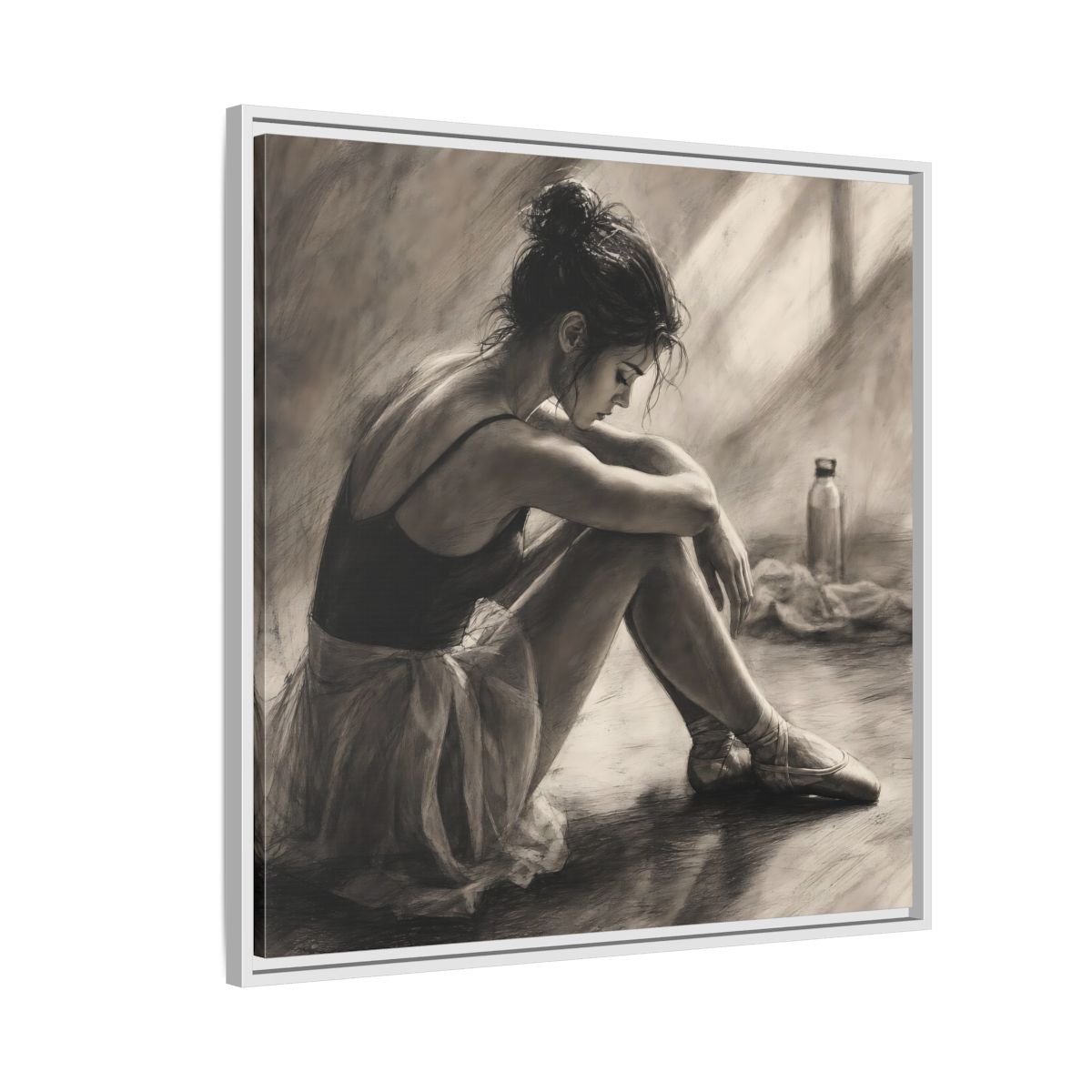 Side Mockup 7. Sports Ballerina Charcoal Ballerina shown as framed canvas print