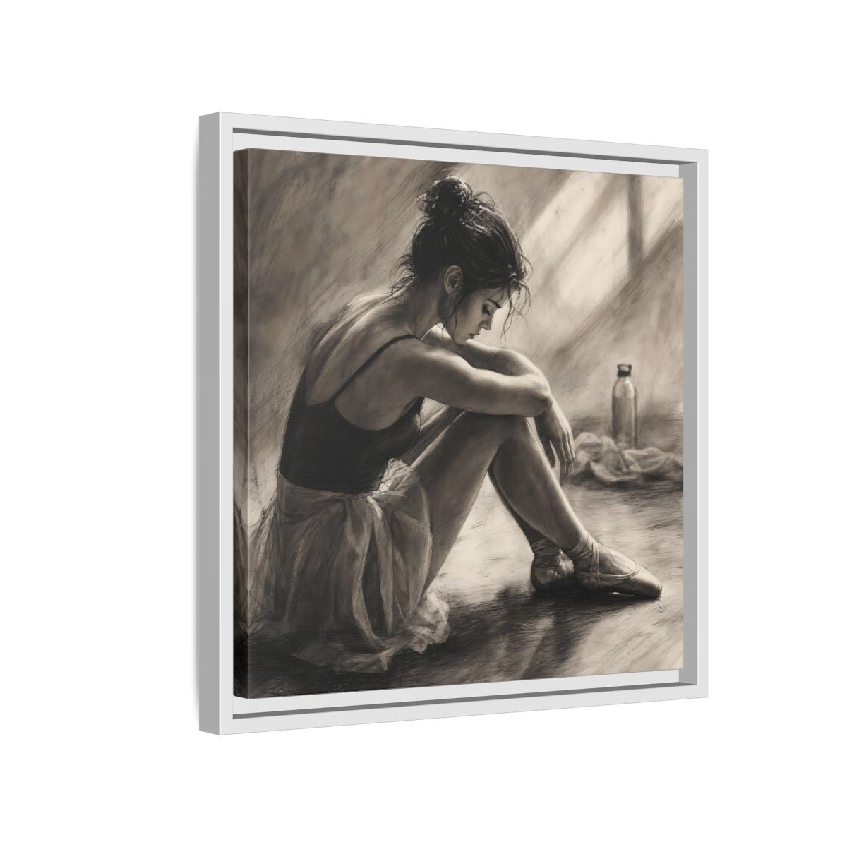Side Mockup 13. Sports Ballerina Charcoal Ballerina shown as framed canvas print