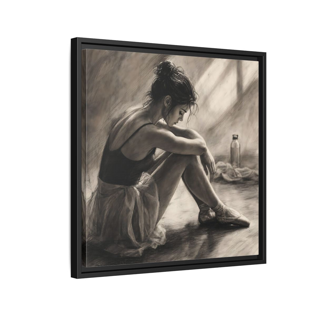 Side Mockup 12. Sports Ballerina Charcoal Ballerina shown as framed canvas print