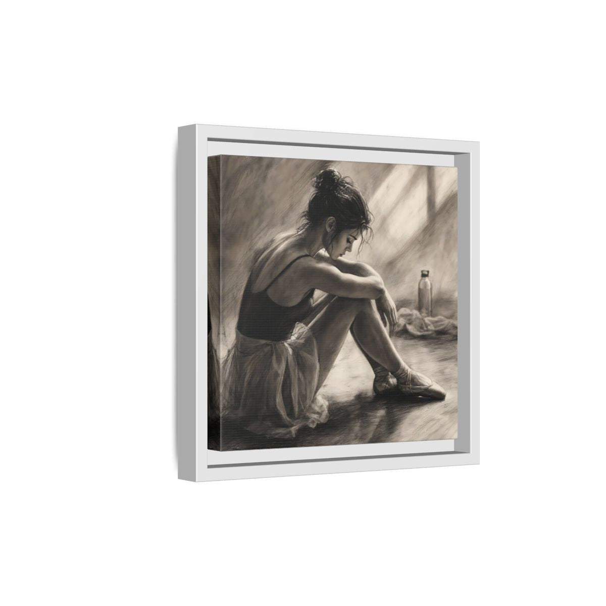 Side Mockup 19. Sports Ballerina Charcoal Ballerina shown as framed canvas print
