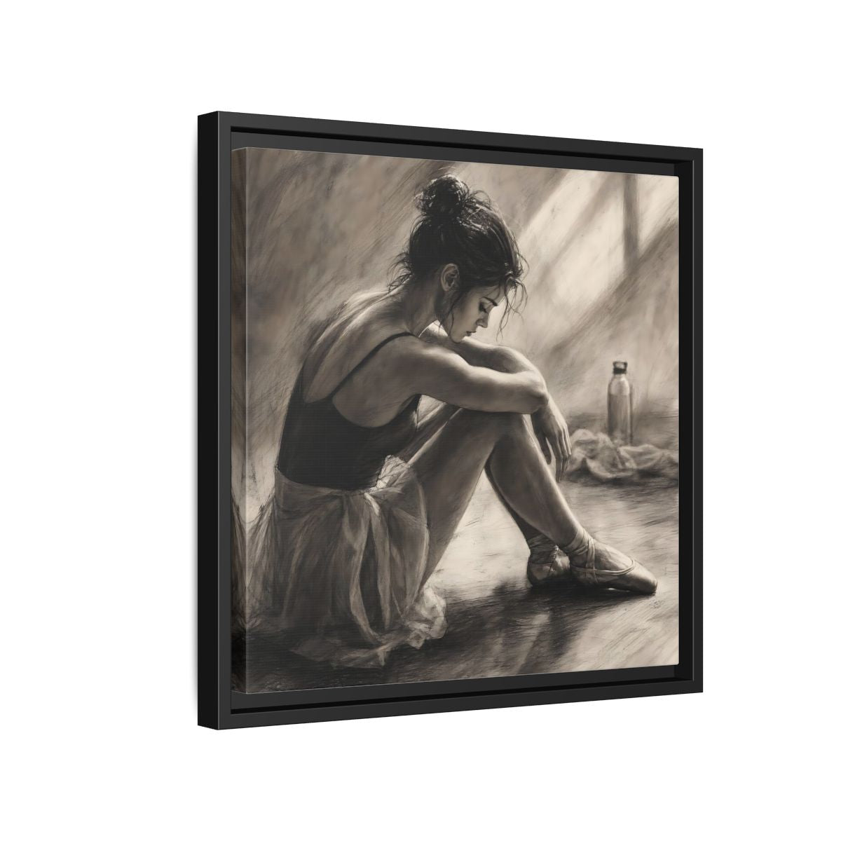 Side Mockup 15. Sports Ballerina Charcoal Ballerina shown as framed canvas print