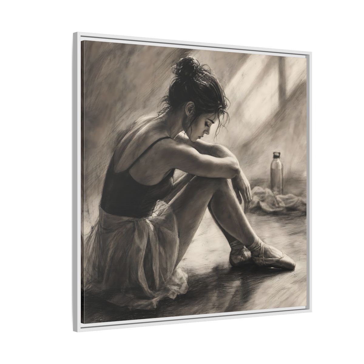 Side Mockup 4. Sports Ballerina Charcoal Ballerina shown as framed canvas print