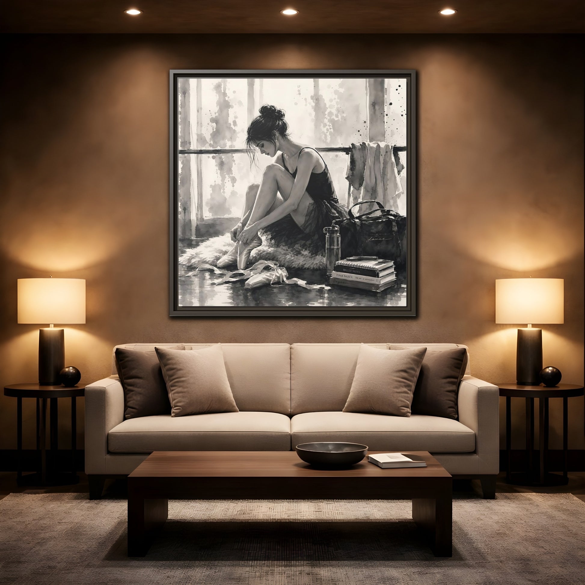 Mockup 2. Sports Ballerina Monochrome Ballerina shown as framed canvas print