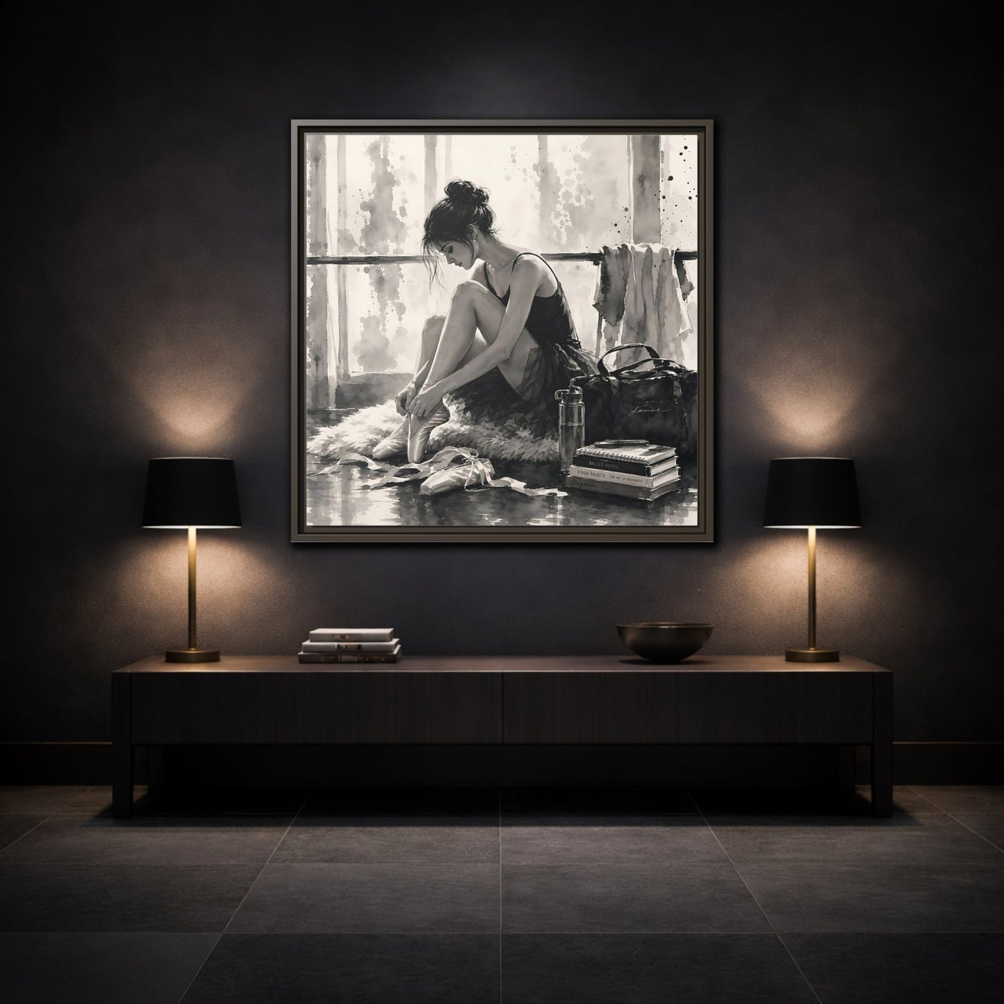 Mockup 3. Sports Ballerina Monochrome Ballerina shown as framed canvas print