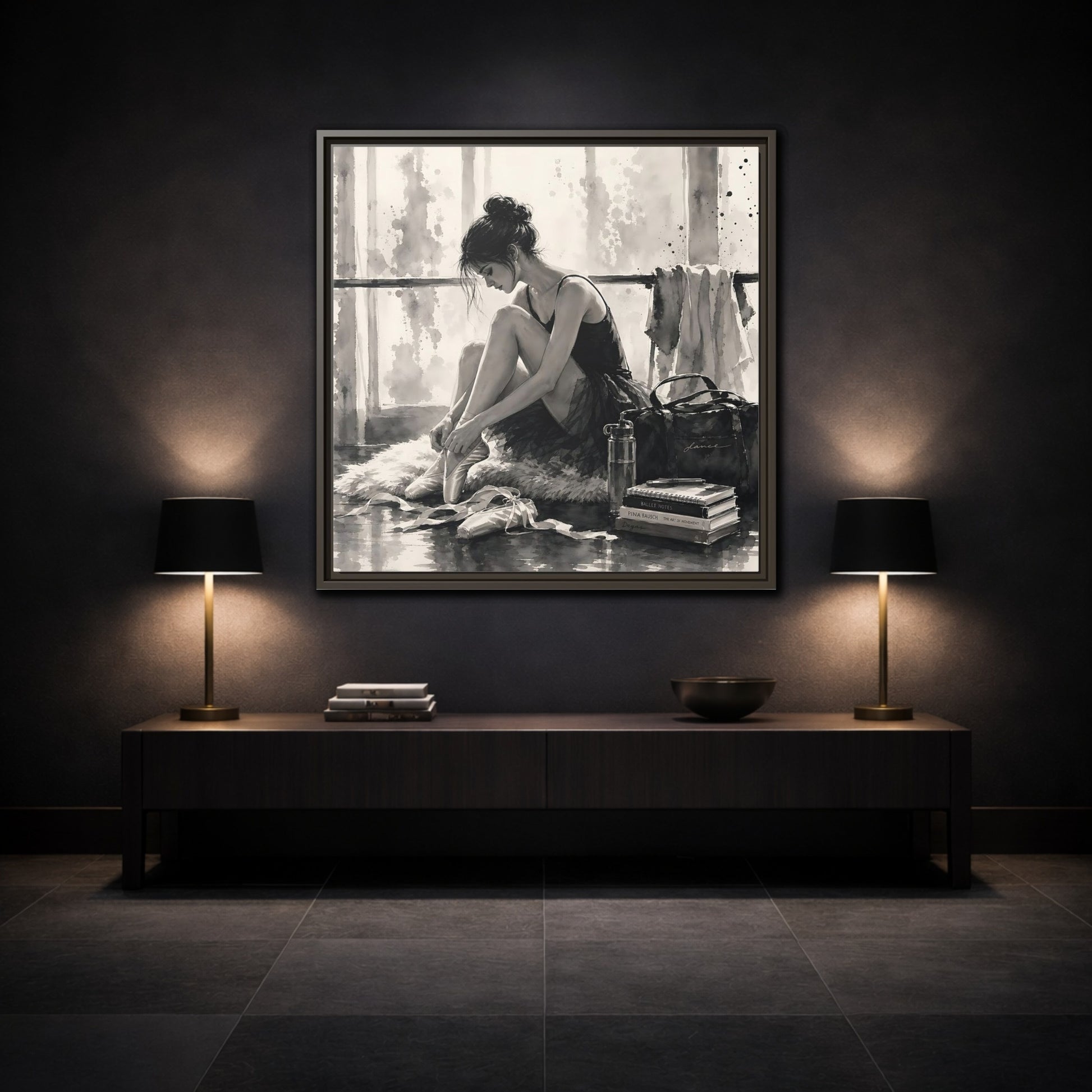 Mockup 3. Sports Ballerina Monochrome Ballerina shown as framed canvas print