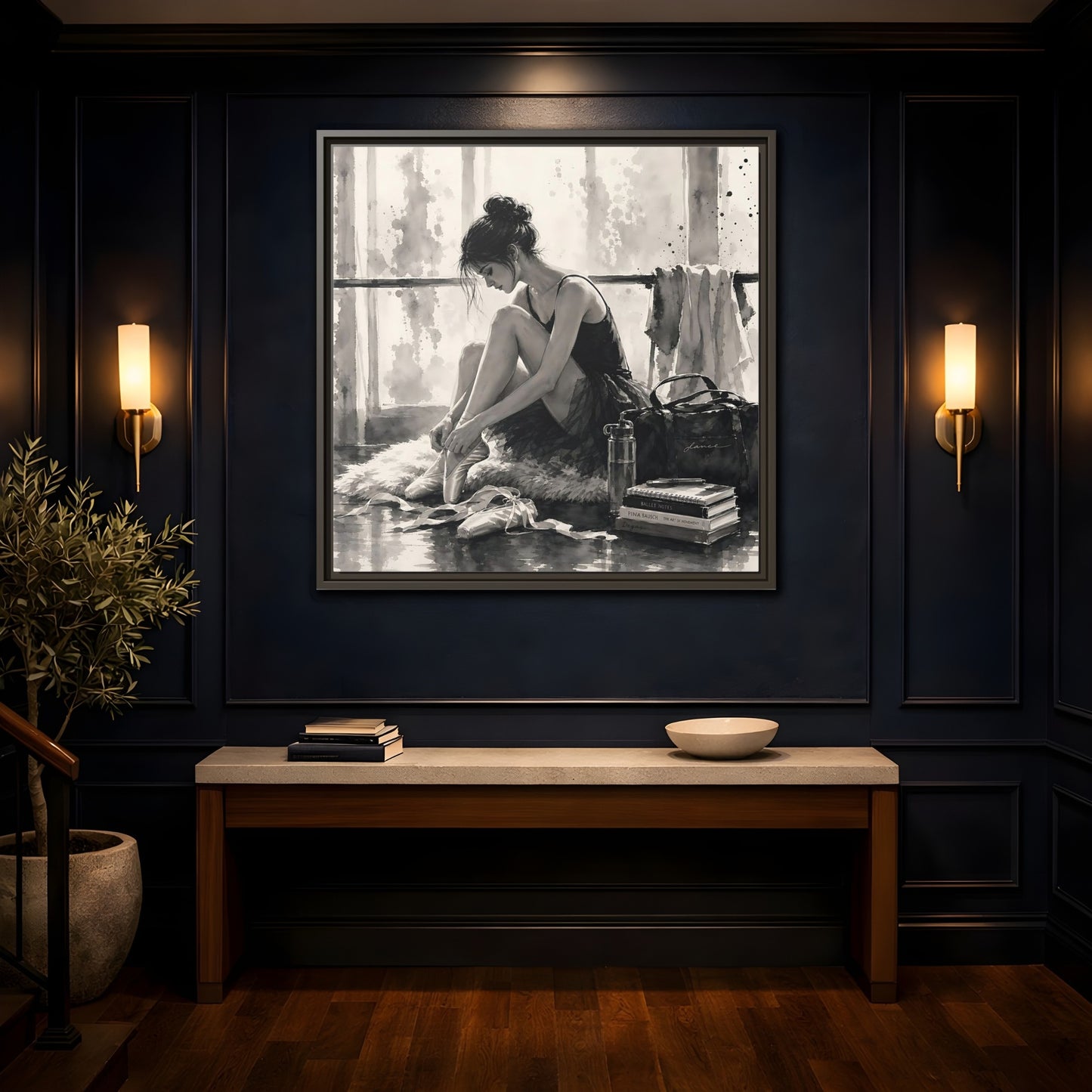 Mockup 4. Sports Ballerina Monochrome Ballerina shown as framed canvas print