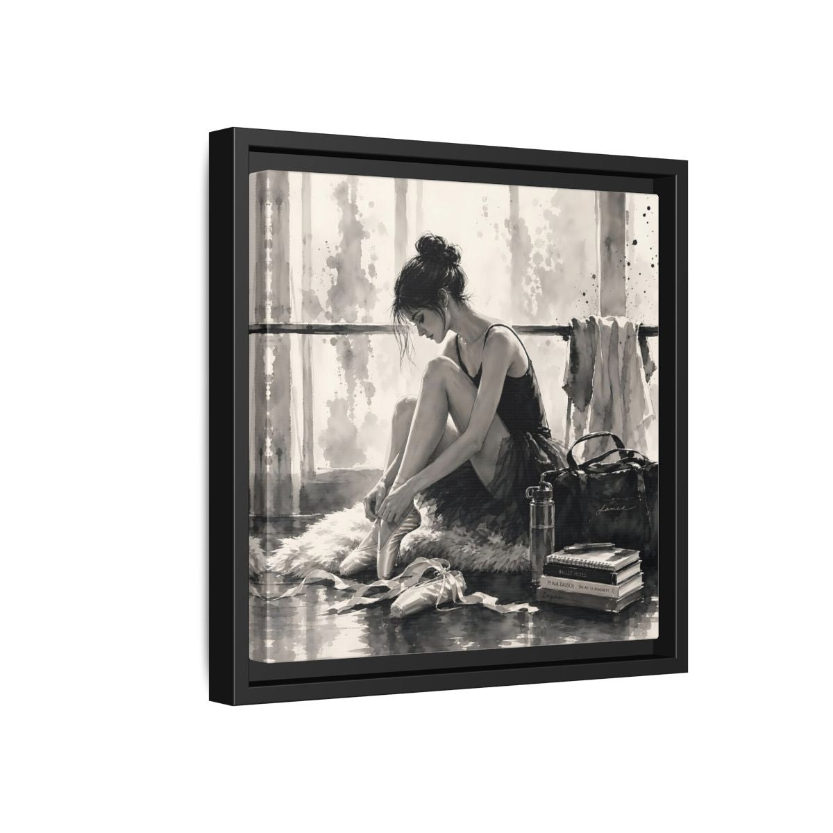 Side Mockup 18. Sports Ballerina Monochrome Ballerina shown as framed canvas print