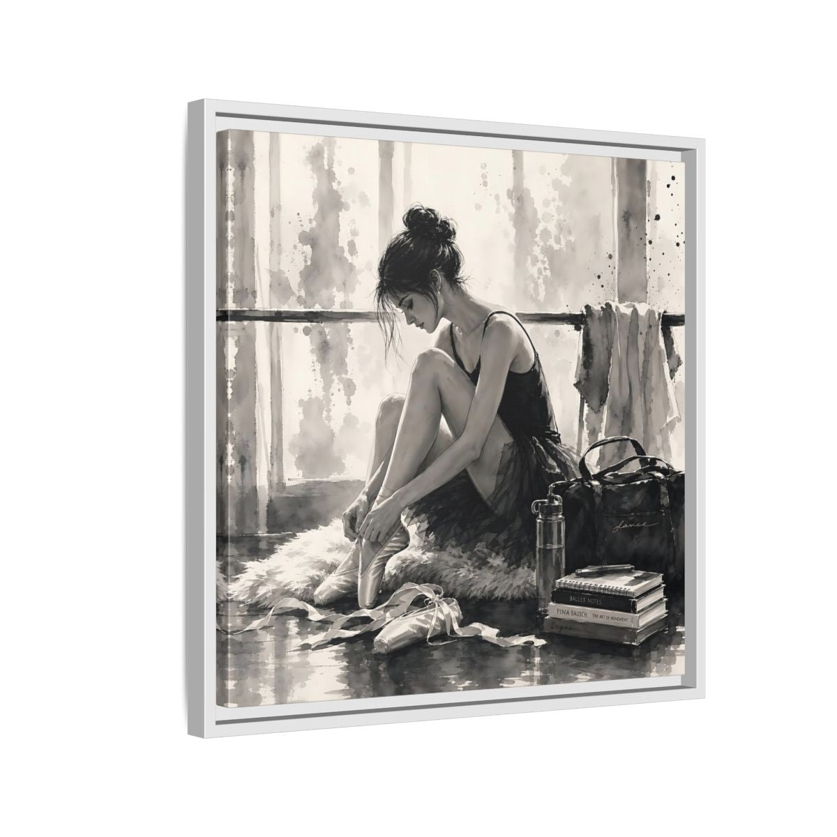 Side Mockup 10. Sports Ballerina Monochrome Ballerina shown as framed canvas print
