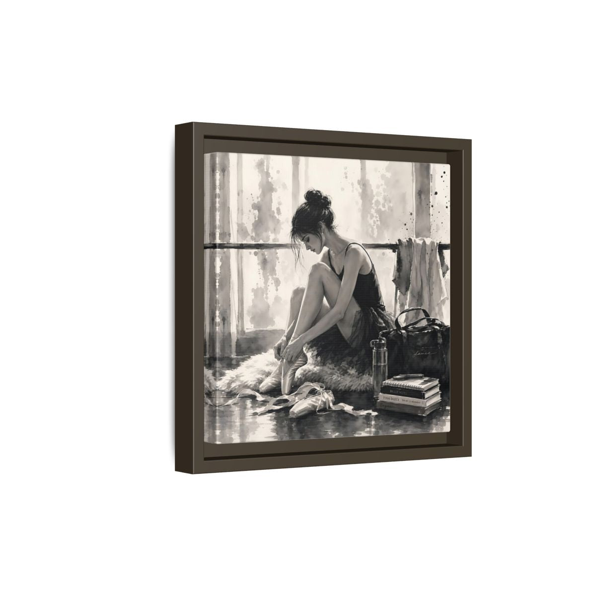 Side Mockup 20. Sports Ballerina Monochrome Ballerina shown as framed canvas print