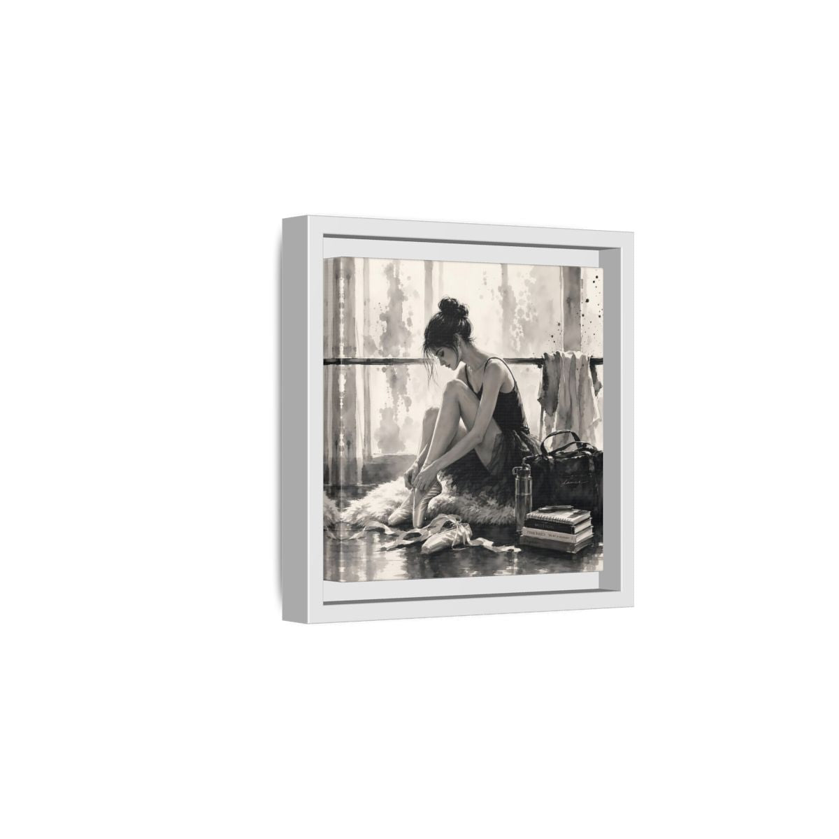 Side Mockup 1. Sports Ballerina Monochrome Ballerina shown as framed canvas print