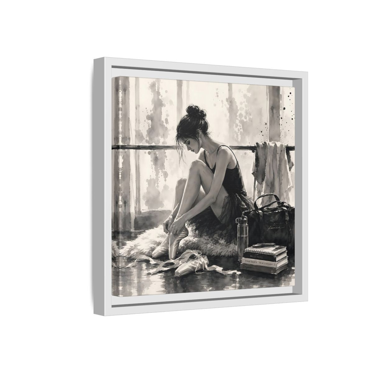 Side Mockup 16. Sports Ballerina Monochrome Ballerina shown as framed canvas print