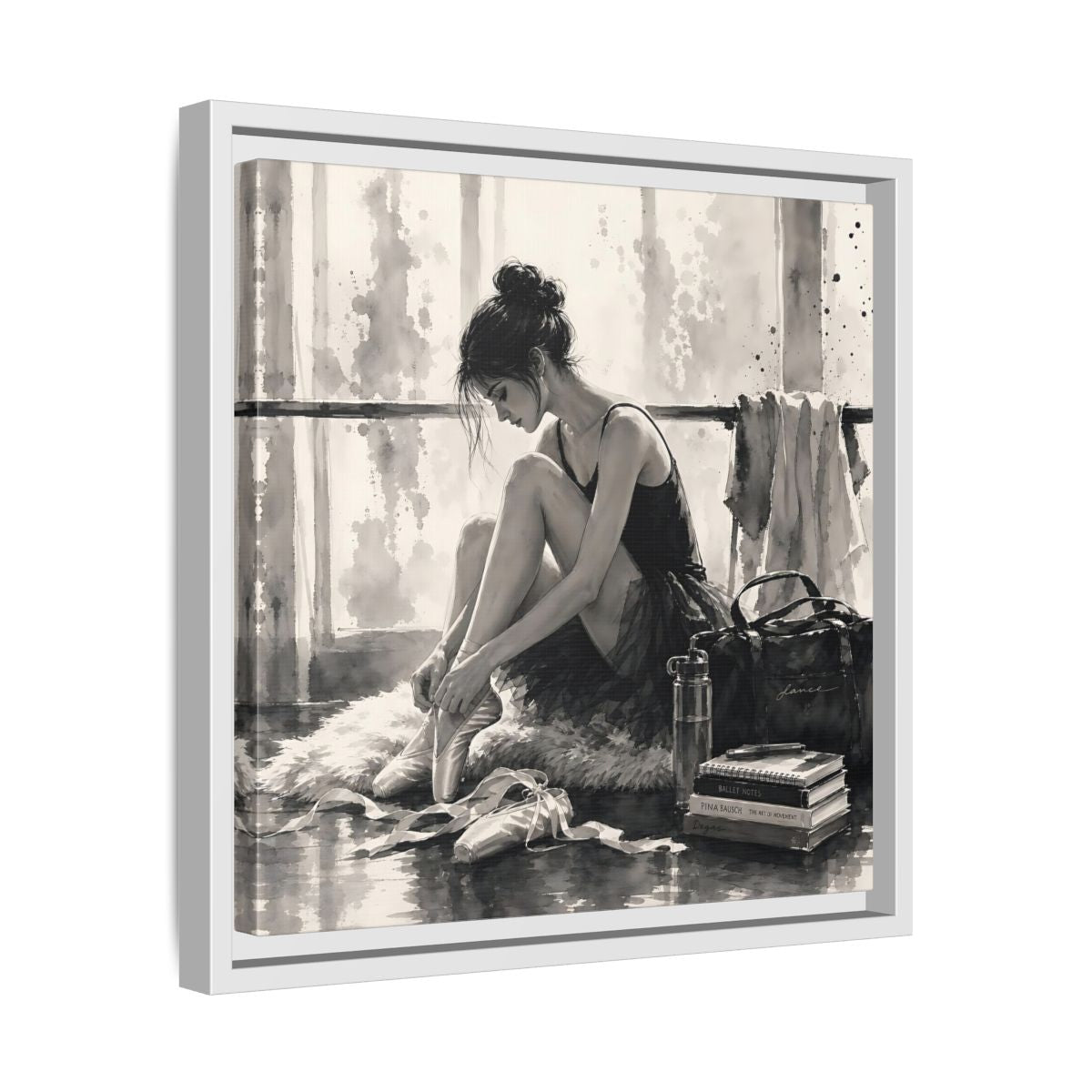 Side Mockup 28. Sports Ballerina Monochrome Ballerina shown as framed canvas print