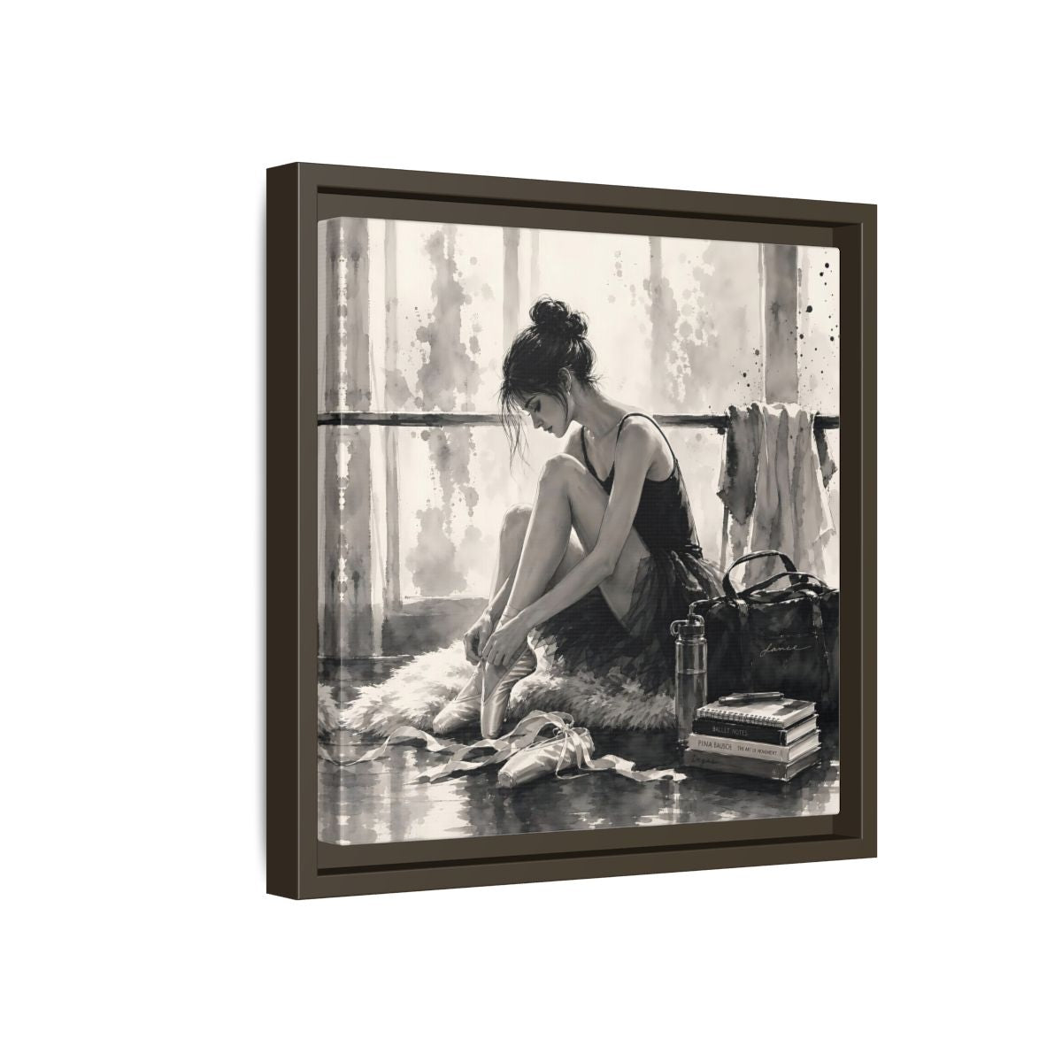 Side Mockup 17. Sports Ballerina Monochrome Ballerina shown as framed canvas print