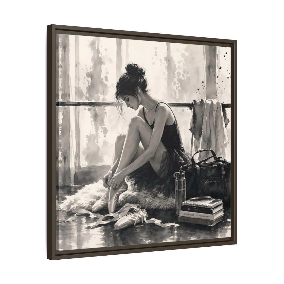 Side Mockup 27. Sports Ballerina Monochrome Ballerina shown as framed canvas print