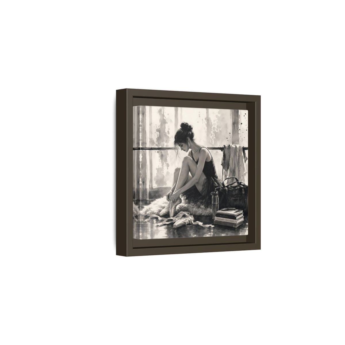 Side Mockup 2. Sports Ballerina Monochrome Ballerina shown as framed canvas print