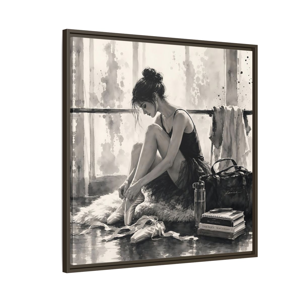 Side Mockup 8. Sports Ballerina Monochrome Ballerina shown as framed canvas print