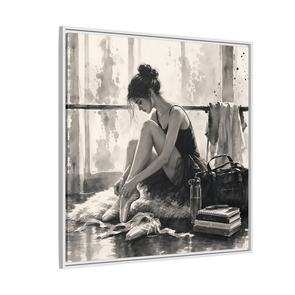 Side Mockup 4. Sports Ballerina Monochrome Ballerina shown as framed canvas print