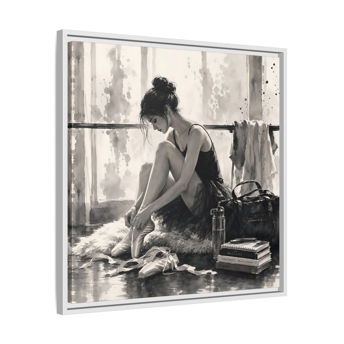 Side Mockup 26. Sports Ballerina Monochrome Ballerina shown as framed canvas print