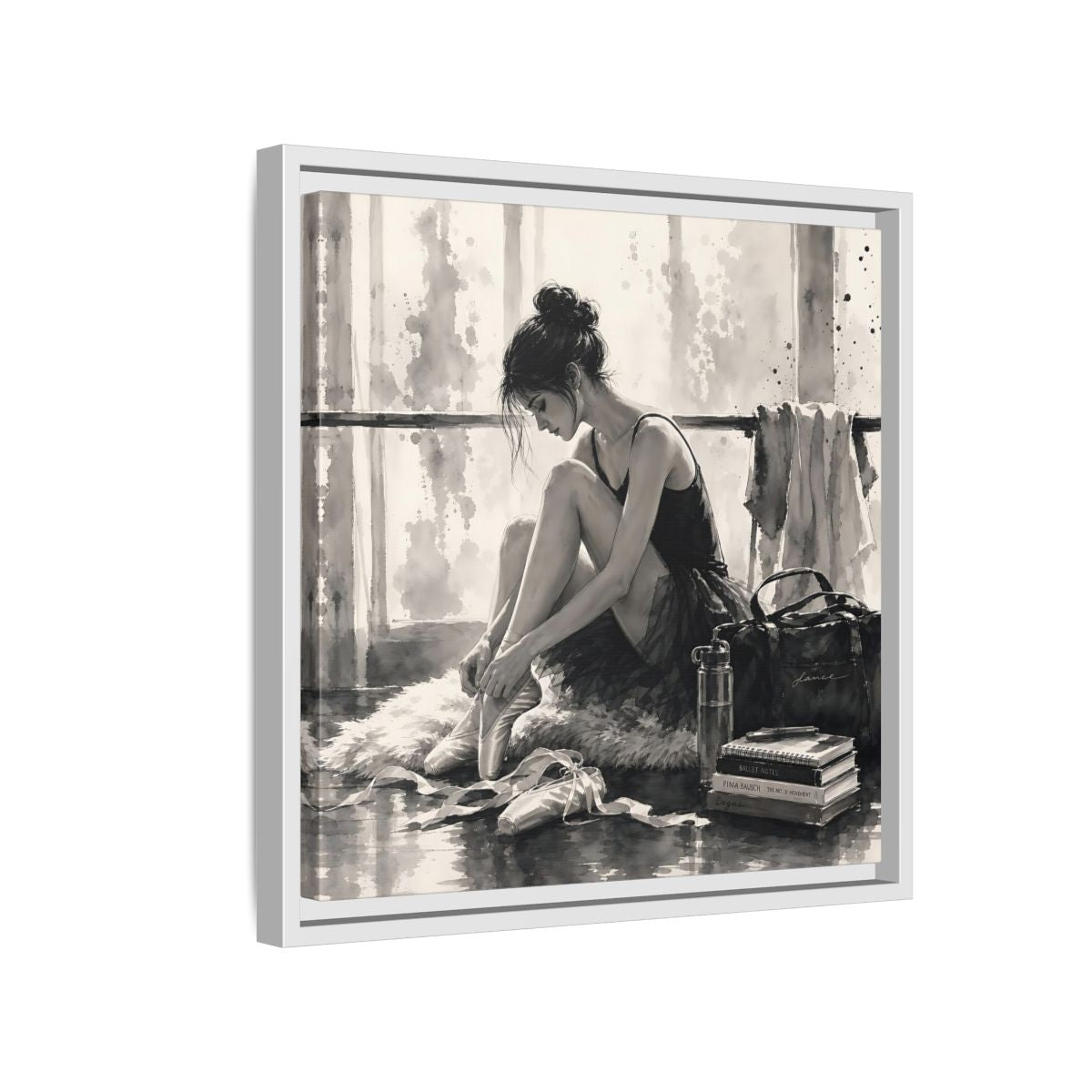 Side Mockup 13. Sports Ballerina Monochrome Ballerina shown as framed canvas print