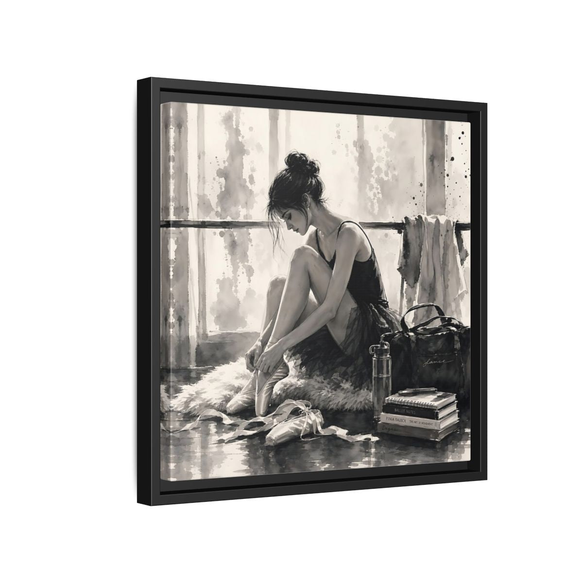 Side Mockup 15. Sports Ballerina Monochrome Ballerina shown as framed canvas print