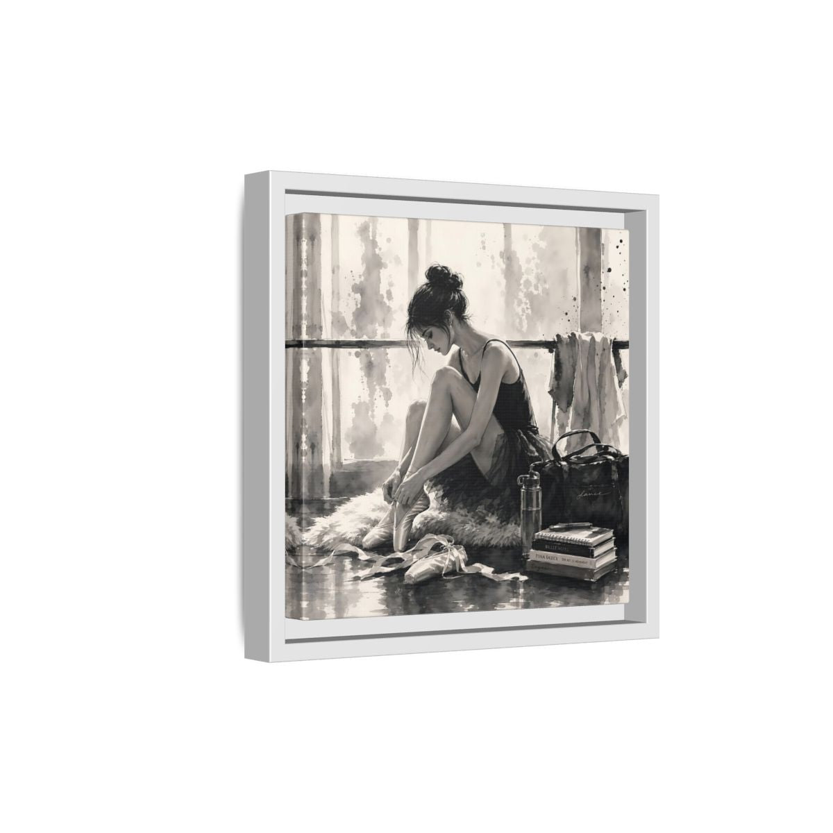 Side Mockup 19. Sports Ballerina Monochrome Ballerina shown as framed canvas print