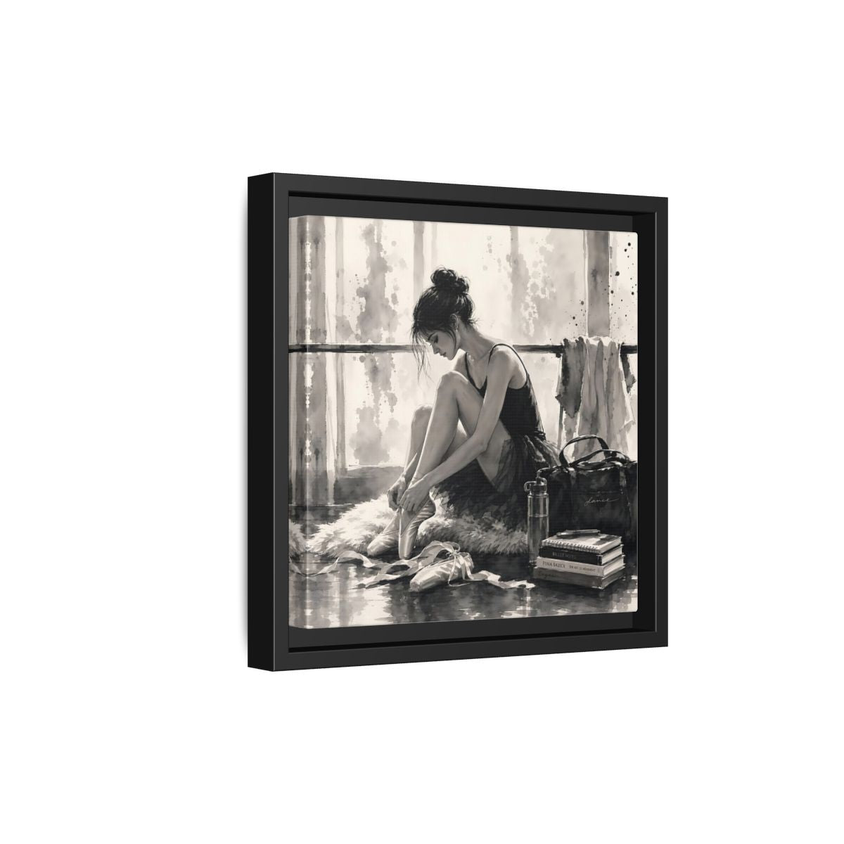 Side Mockup 21. Sports Ballerina Monochrome Ballerina shown as framed canvas print