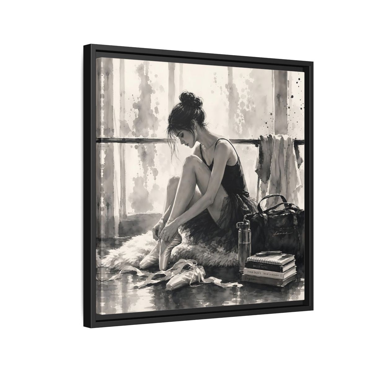 Side Mockup 12. Sports Ballerina Monochrome Ballerina shown as framed canvas print